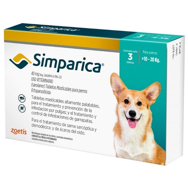 Antipulgas Simparica de 10,1 a 20 kg Perros 3 tab